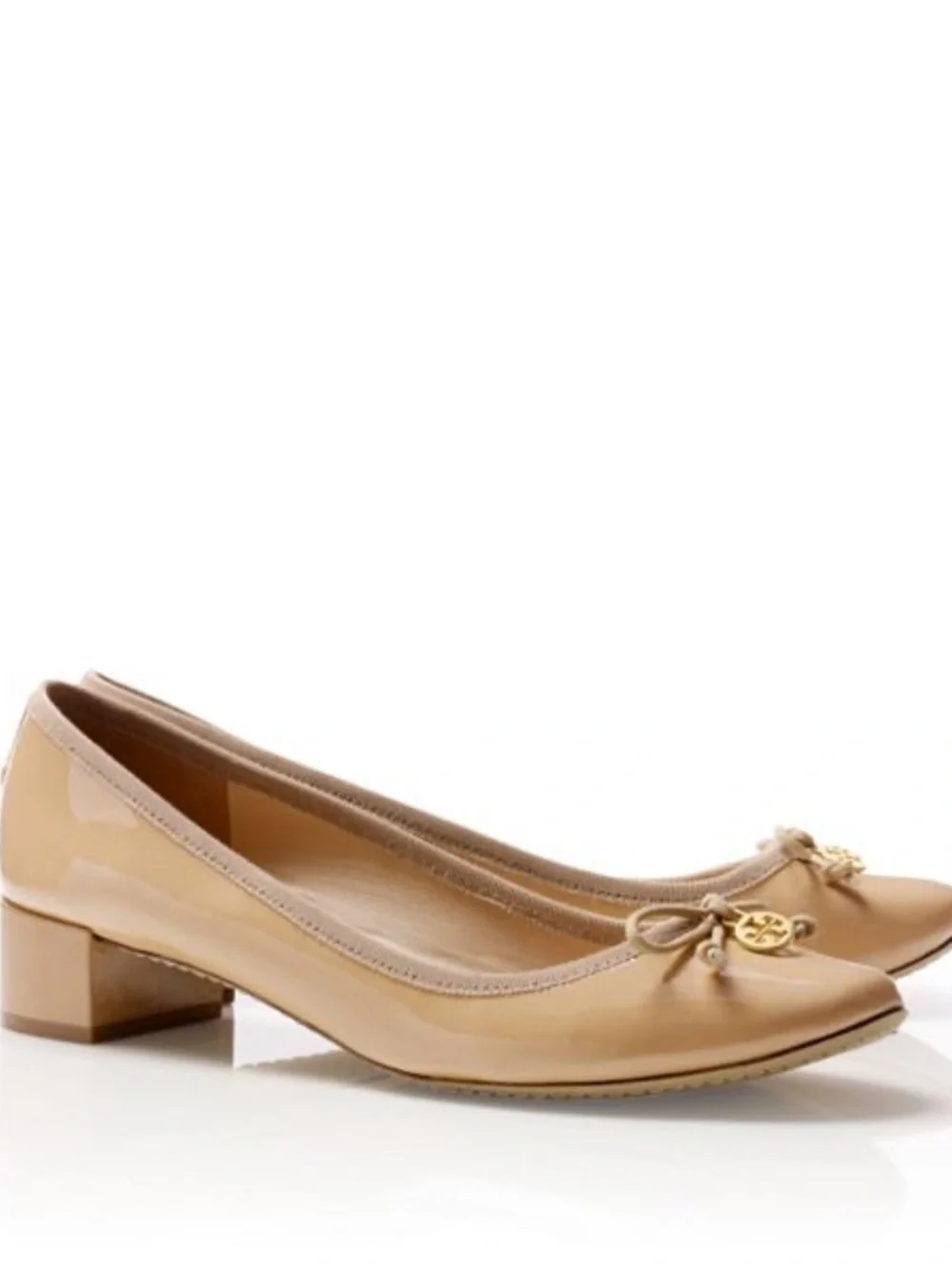 Tory Burch Nude Patent Leather Low Block Heel Ballet Flats with Logo